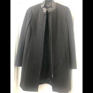 Elie Tahari Black Long Jacket with Leather Trim